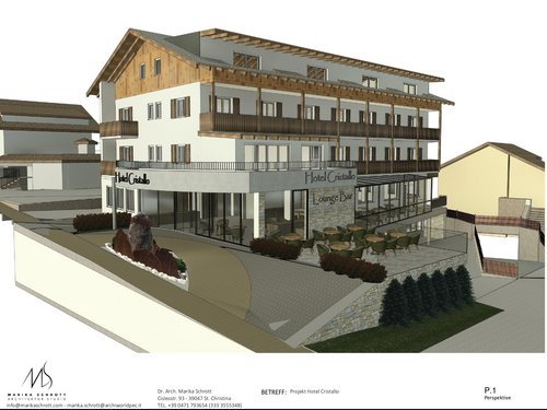 Hotel Cristallo: experience the Dolomites with these extras 3D rendering of a hotel building with lounge bar and outdoor terrace